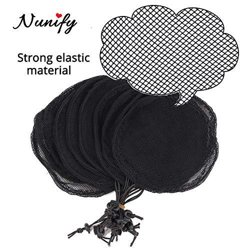 Nunify 5 Pcs Hair Net for Making Afro Puff Drawstring Ponytail And Afro Hair Bun - Black Glueless Ponytail Hairnet with 10 Pcs Wig Combs - Adjustable Strap Afro Hair Bun Weaving Net For Women (L/Round)
