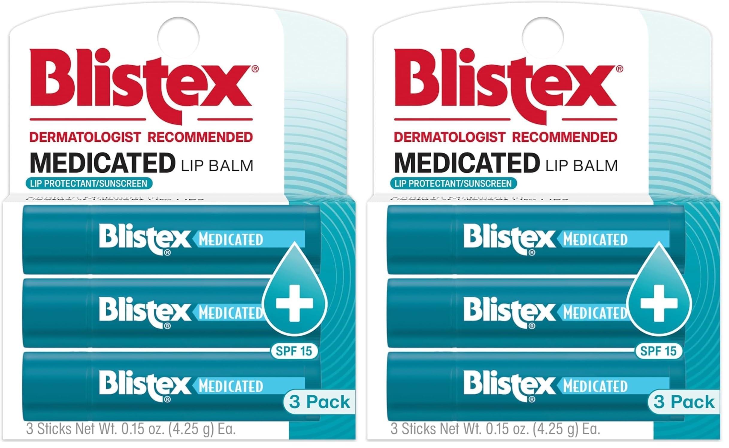 Blistex Blistex Medicated Lip Balm, 0.15 Ounce, 3 Count (Pack of 2) Prevent Dryness & Chapping, SPF 15 Sun Protection, Seals in Moisture, Hydrating Lip Balm, Easy Glide Formula for Full Coverage