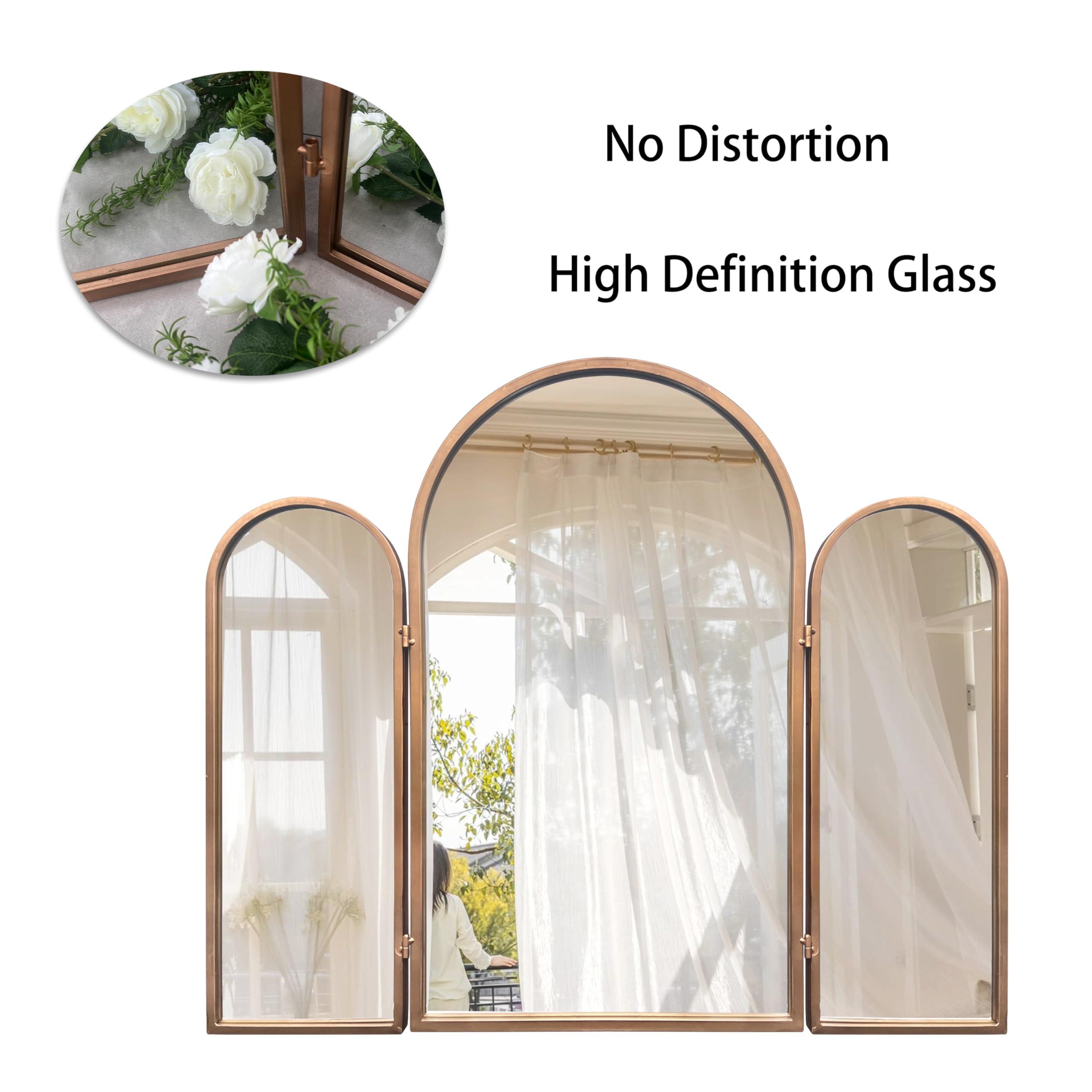 BAODANFU BAODANFU 3 Way Mirror Bathroom, Trifold Vanity Mirrors for Bathroom Bedroom, Large Arch Mirrors Decorative Vintage Gold, Adjustable Makeup Mirror for Braiding Hair 360 Way Tabletop & Wall Mounted