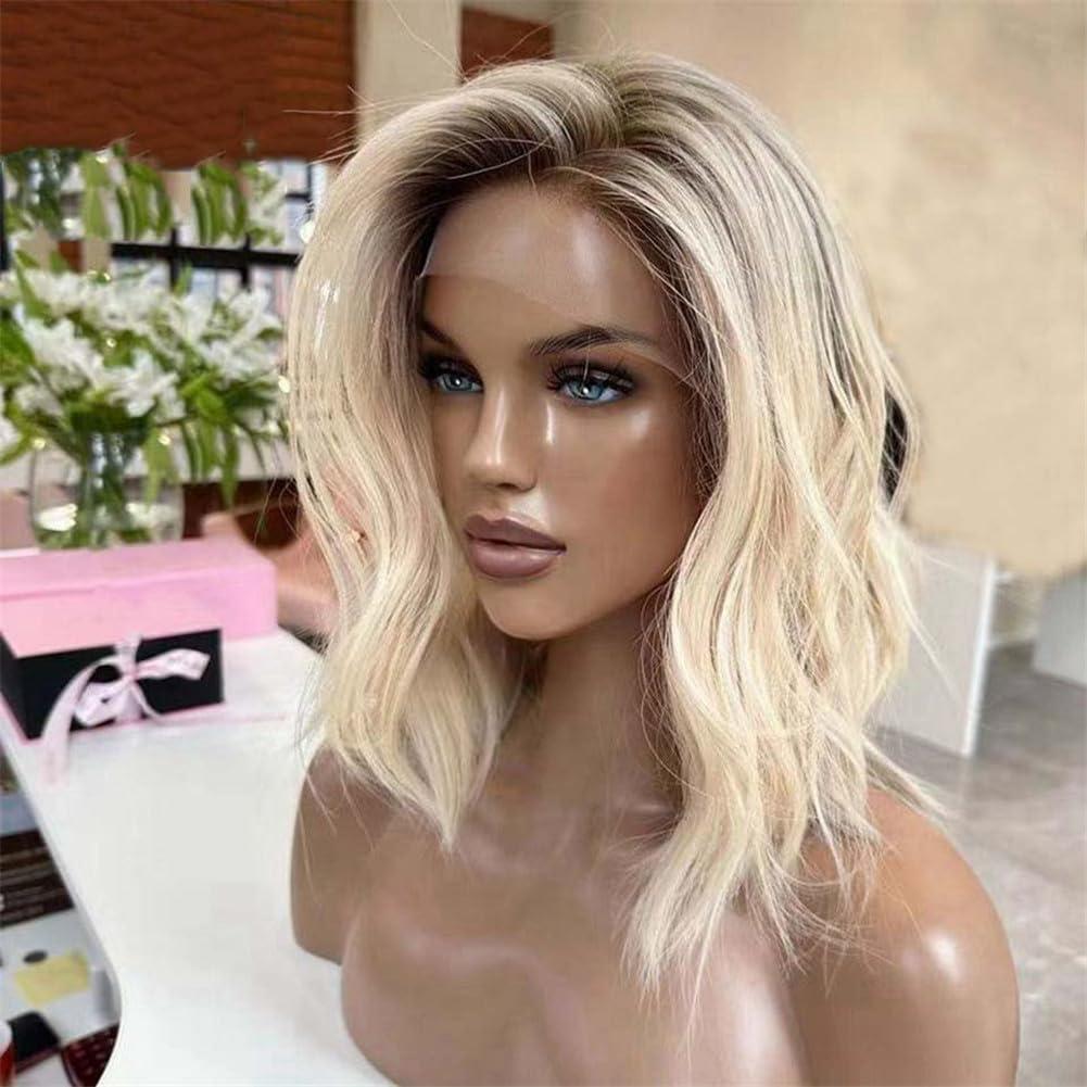 Generic Blonde 13X4 Side Part Lace Front Wig Hd Full Lace Frontal Human Hair Wig Short Wavy Highlight Wigs For Women 360 Frontal Wig 16inches#180 Density