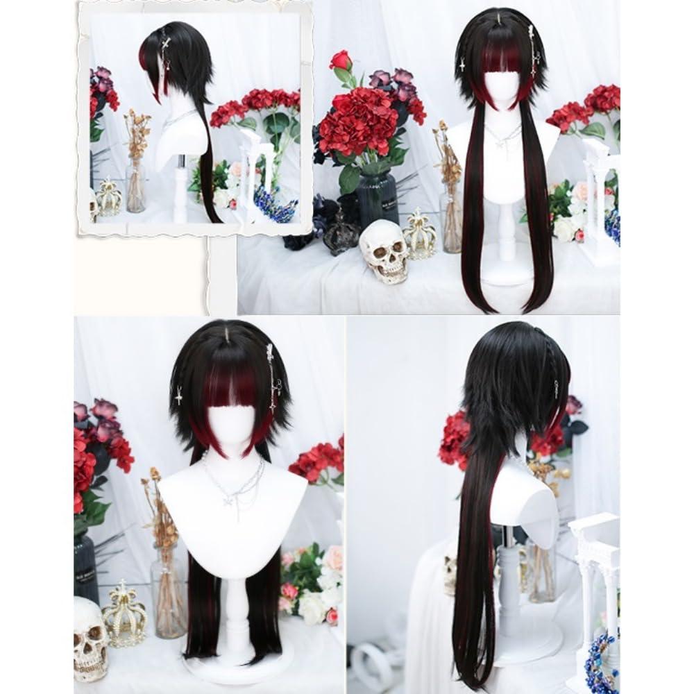 SCORRO Hime Cut Long Straight Black Layered Hair Lolita Bob Wig Hair with Bangs, Pre-styled Jellyfish Braided Hair Wig for Women Girls, Party Wig Halloween Daily Wigs (braided Styling,natural Black)