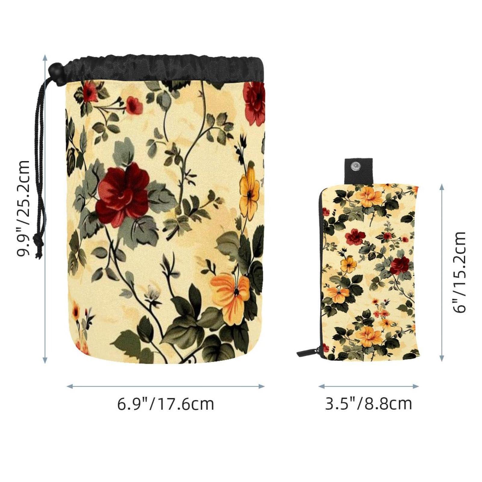 LSHDNG Drawstring Travel Cosmetic Bags Barrel Makeup Bag, Retro Small Floral Large Toiletry Organizer Waterproof for Women