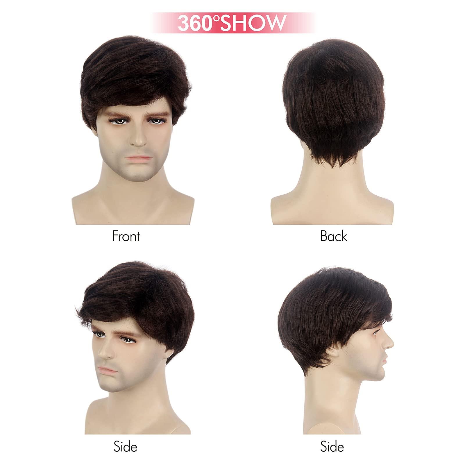 R REEWES FASHION HAIR REEWES Mens Dark Brown Wig Short Men Wig Curly Men's Wig with Side Swept Bangs Natural Synthetic Full Wig for MaleDaily Party Costume Cosplay Wear