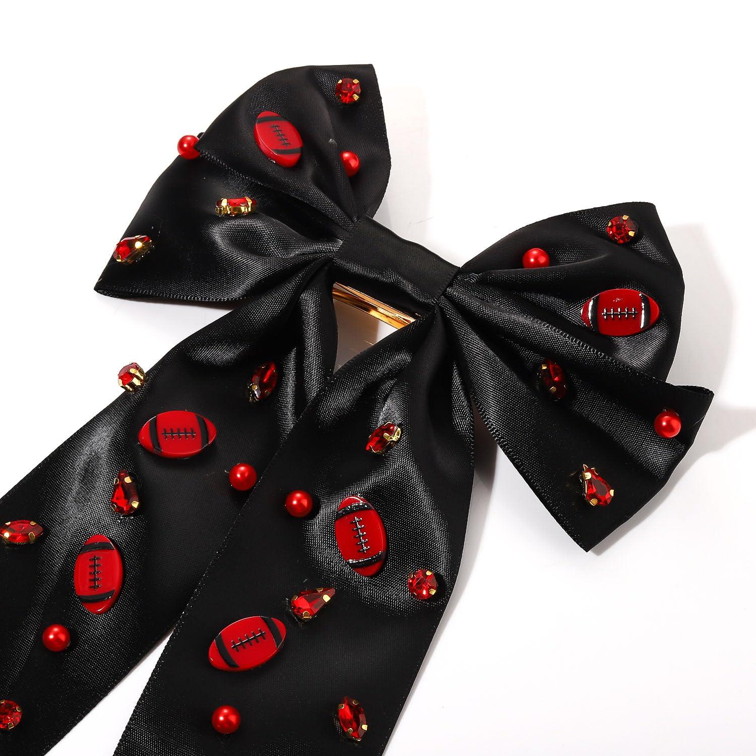 PHALIN Football Hair Bows for Women Game Day Hair Bow Clips Big Red Black Blue Silky Satin Hair Ribbon Bows Barrettes Jeweled Football Cheer Bows Game Day Accessories Outfits Party Favors Gifts