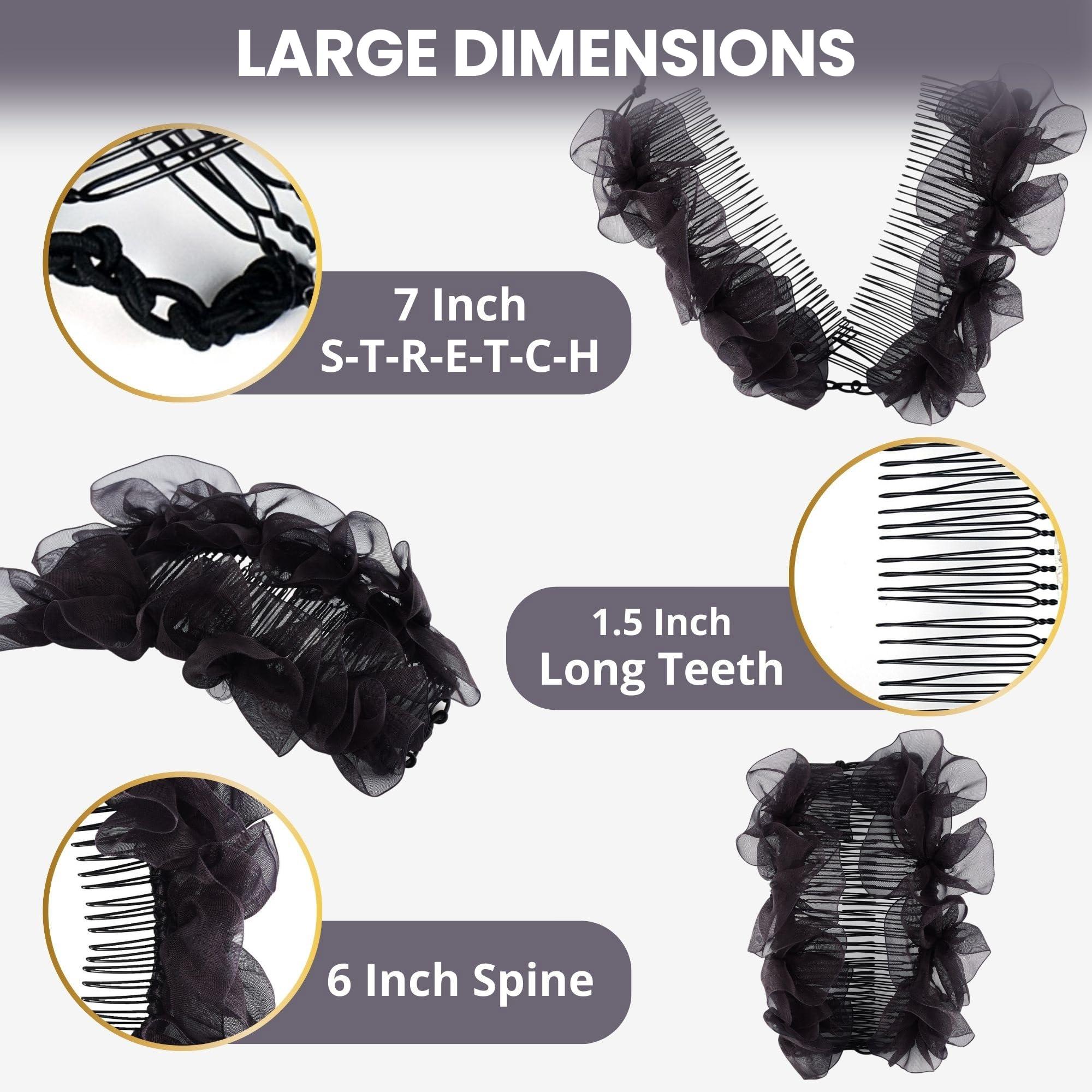 HairZing Stretch Banana Clip for Fine Thin, Thick Curly Hair Women, Elastic Double Combs Make Great Hair Accessories for Kinky, Curly Ponytail, Mohawk, Bun (Large, Black)