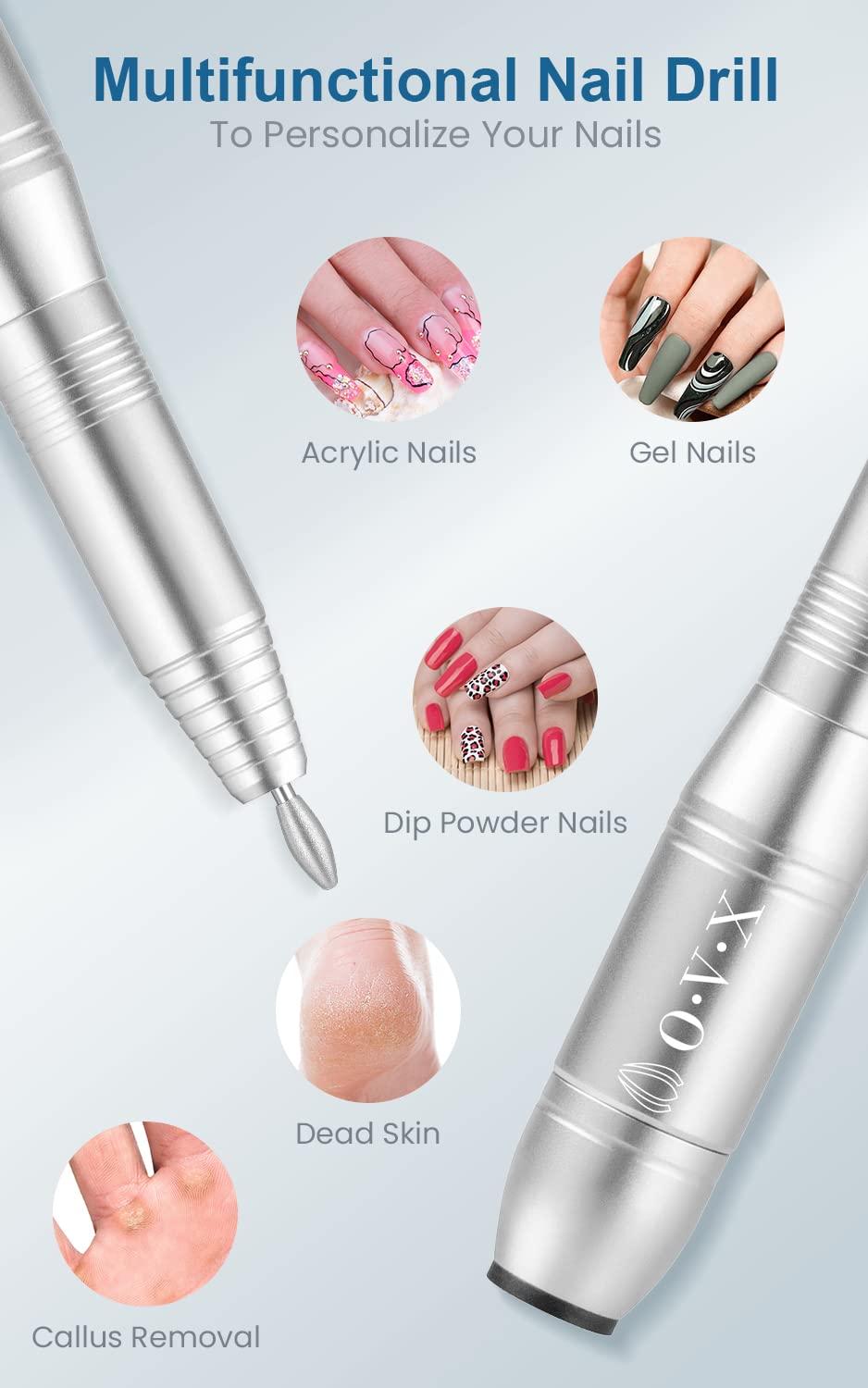 OVX Nail Drills for Acrylic Nails Professional, Portable Electric Nail Filer Kit for Gel Nail with 6 PCS Nail Drill Bits and Sanding Bands Manicure Pedicure Polishing Shape Tools for Home Salon Silvery