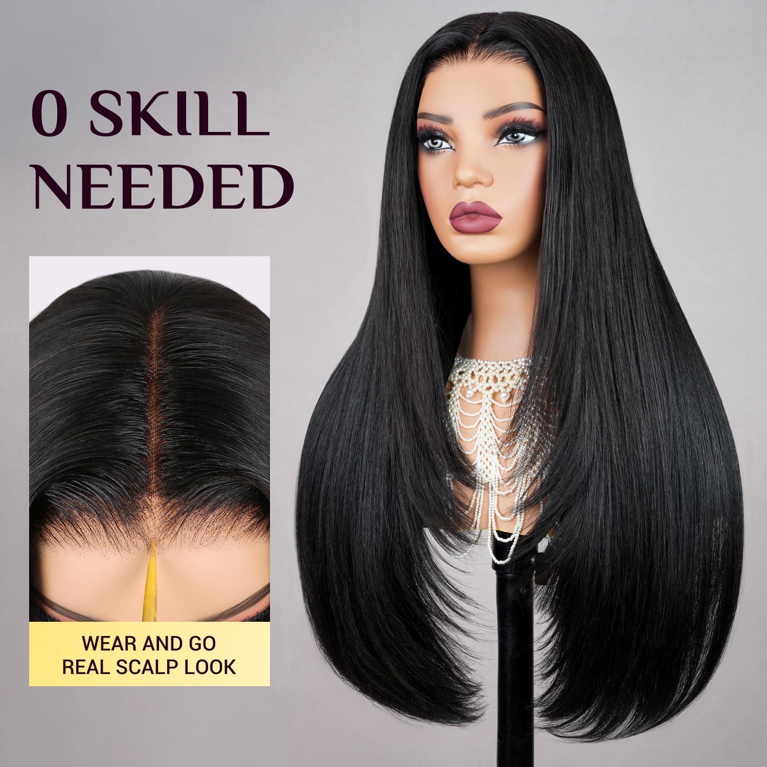 TESLAL TESLAL Blend Wigs Human Hair Glueless Wear and Go Glueless Wigs Human Hair Pre Plucked Pre Cut Layered Wig Straight 6X6 Synthetic and Human Hair Blend Wig 22Inch Black Color 260% Density