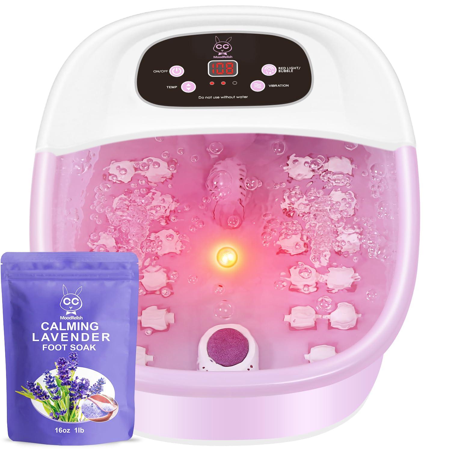 MoodRelish Foot Spa Bath Massager with Heat Bubbles and Vibration Massage and Jets, 16 OZ Calming Lavender Foot Soak Epsom Salt, Foot Soaker with Red Light, 22 Massage Rollers, Adjustable Temp - Pink