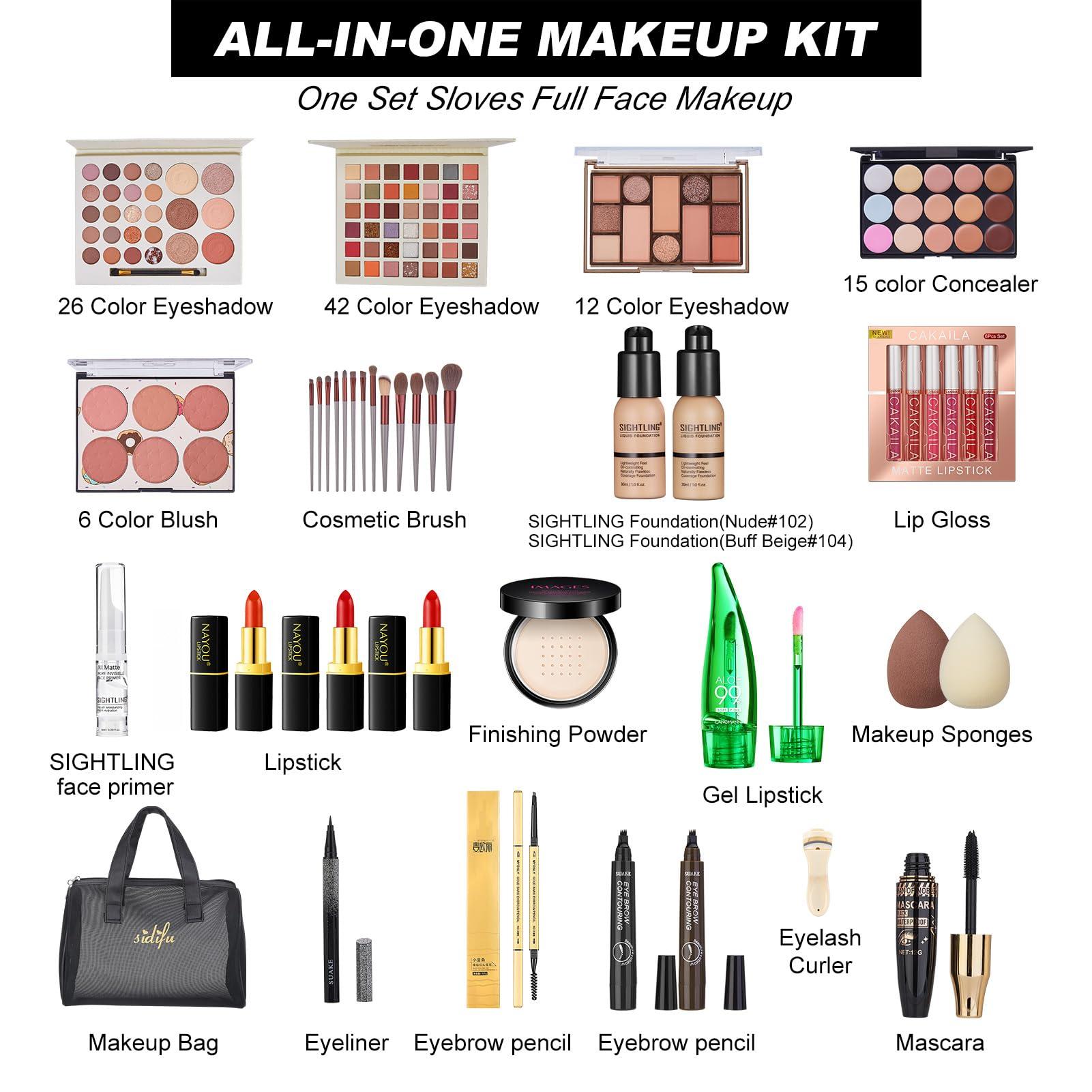 SIGHTLING All in One Makeup Kit for Women Full Kit, Travel Makeup Kit, Makeup Gift Set for Women & Girls, Makeup Essential Bundle Include Foundation Eyeshadow Palette Lipstick Eyebrow Pencil Cosmetic Brush Set