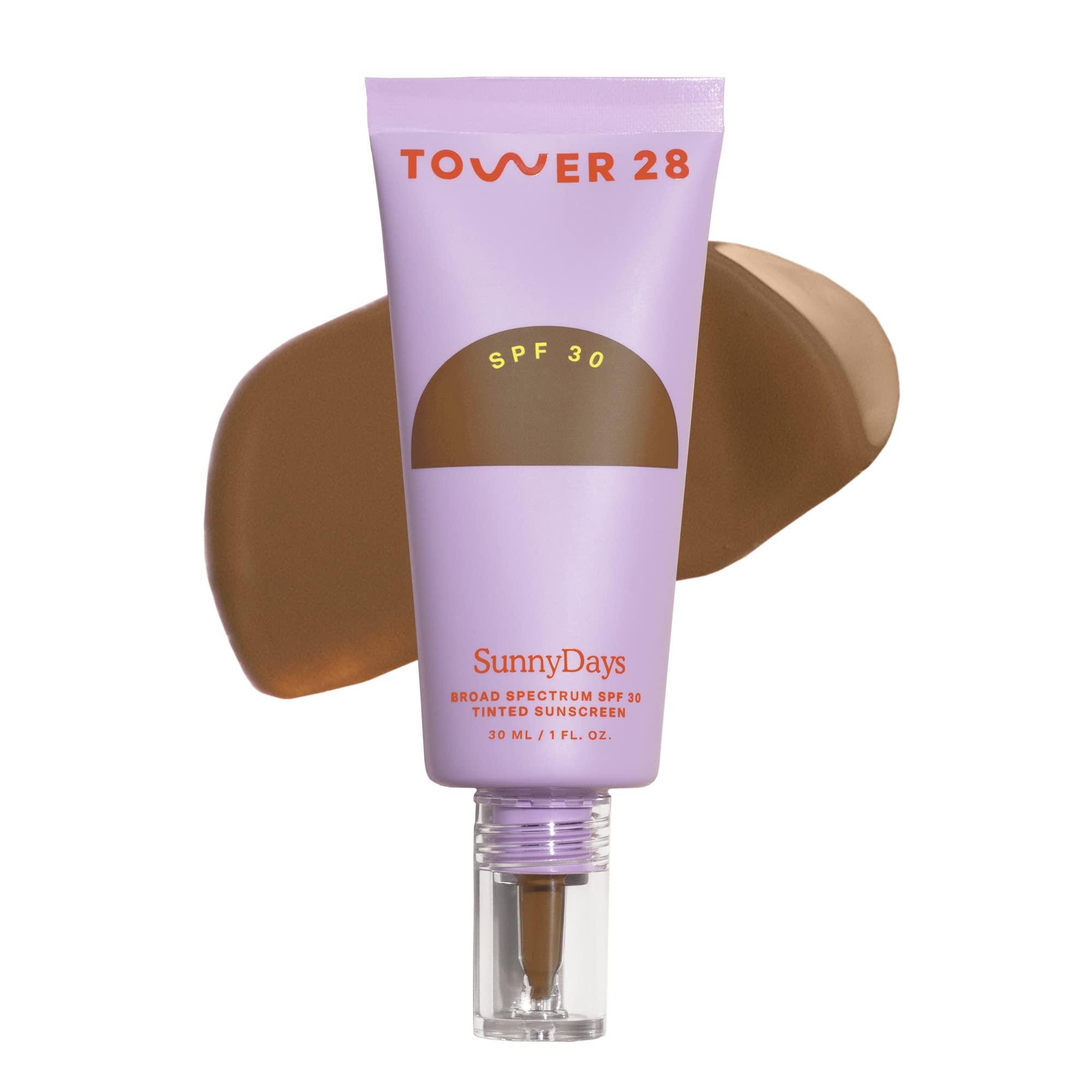 Tower 28 Tower 28 Beauty SunnyDays SPF 30 Tinted Mineral Sunscreen - For Sensitive Skin - 2-in-1 Facial Broad Spectrum UVA/UVB Protection + Foundation - Shade 55 TEMESCAL - Deep with Golden Undertones, 1 Fl Oz