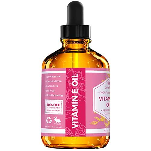 Leven Rose Vitamin E Oil by Leven Rose 75,000 IU per oz 100% Natural, Organic, Pure Vitamin E Oil for Skin, Face, Hair, Nails, and Scars, 4 oz