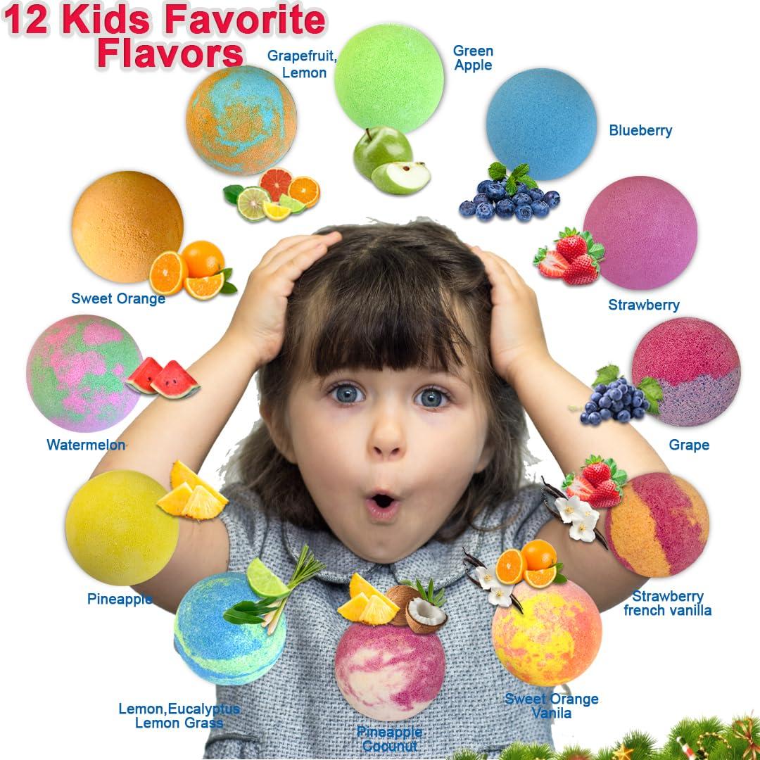 Mineral Me California Christmas Bath Bombs for Kids with Surprise Toys Inside - Kids Advent Calendar Bathbombs - 12 Pack Organic Bath Bombs Gift Set, Moisturizing Bubble Bath Fizzies, Gifts for Kids, Boys, Girls, Toddler