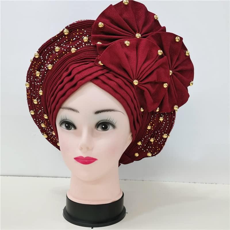 Generic Nigerian Head Wrap ASO Oke Nigeria for Traditional Marriage headtie Already Made African headtie with Beads&Stones Bonnet for Party 1set -ASO Oke African Head tie