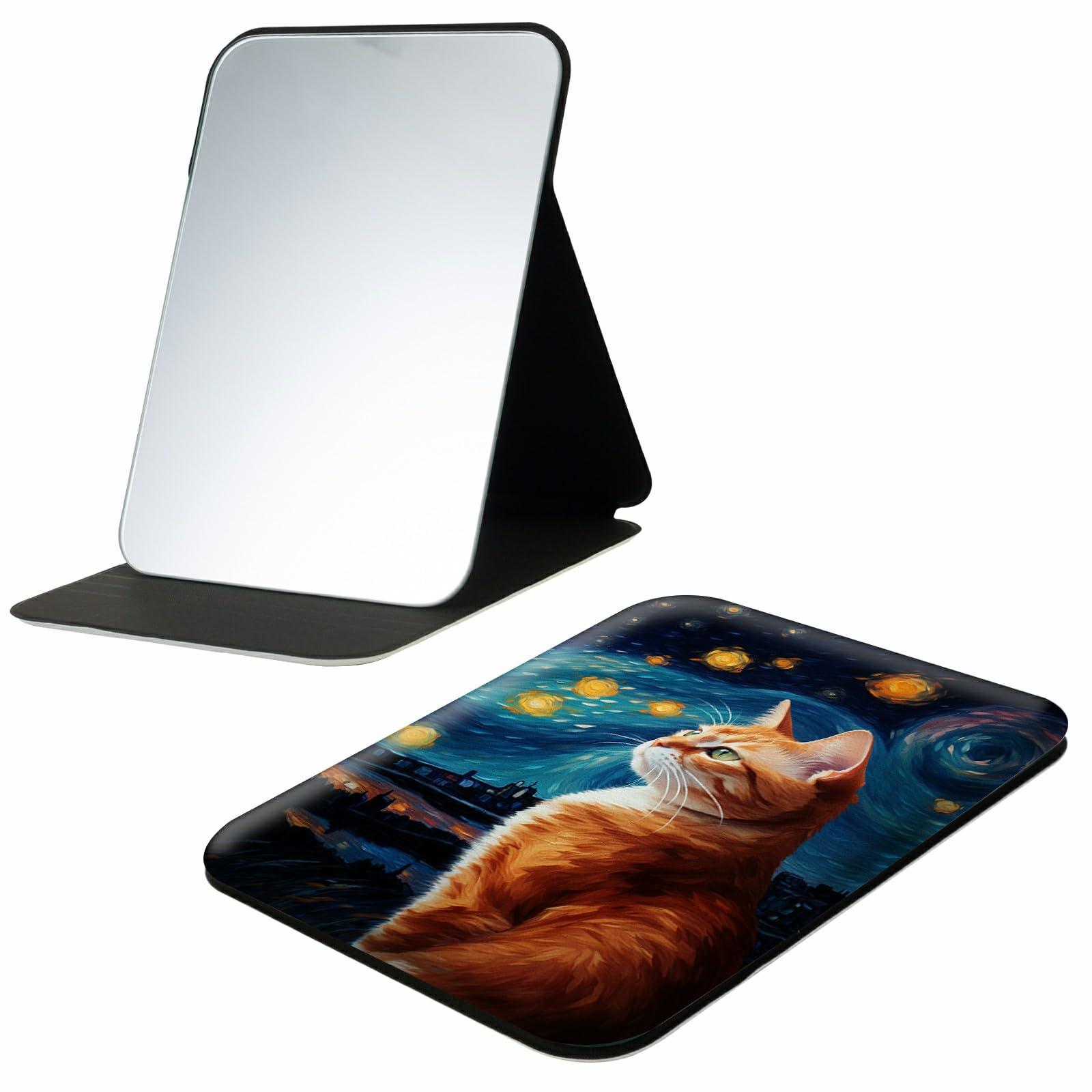 BREIDMKFM BREIDMKFM Folding Mirror Portable Mirror, PU Leather Mirror with Adjustable Stand Cute Compact Mirror for Women & Girls Pocket Makeup Mirror for Travel (4.2W2.8L), Cat Starry Sky