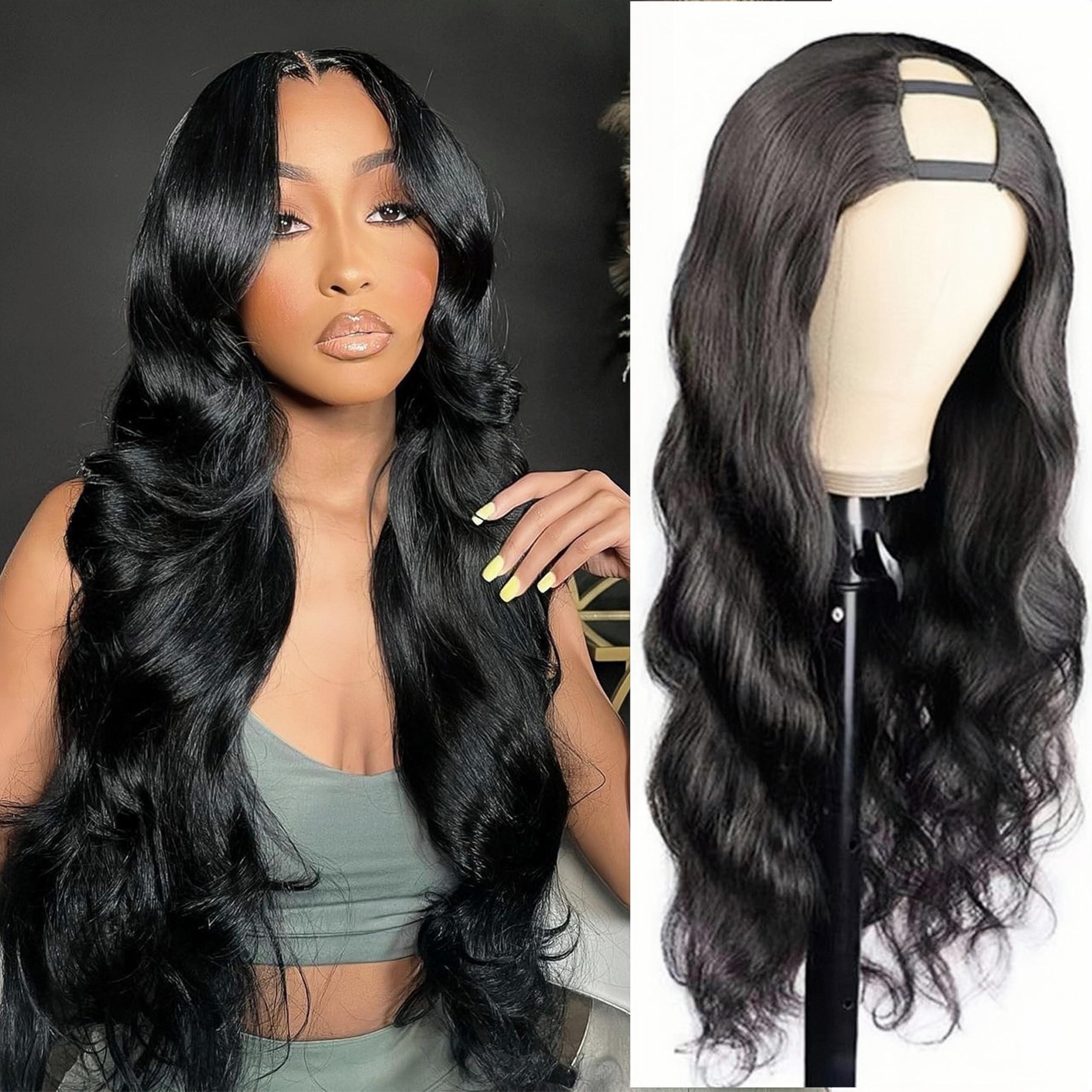 beautkol U Part Human Hair Wig Body Wave Brazilian Virgin Hair Glueless Wigs Human Hair 180% density U Part Wig for Black Women Clip In U Part Wig Human Hair Upart half wig Natural Black Color 28 inch