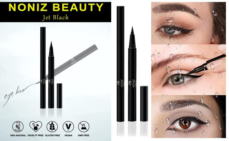 NONIZ NONIZ Black Liquid Eyeliner - Water Proof Ultra Matte Long Lasting Slim Jet - Black Eye Liner - 100% Intense Black - Smooth Easy Application Pen Liner