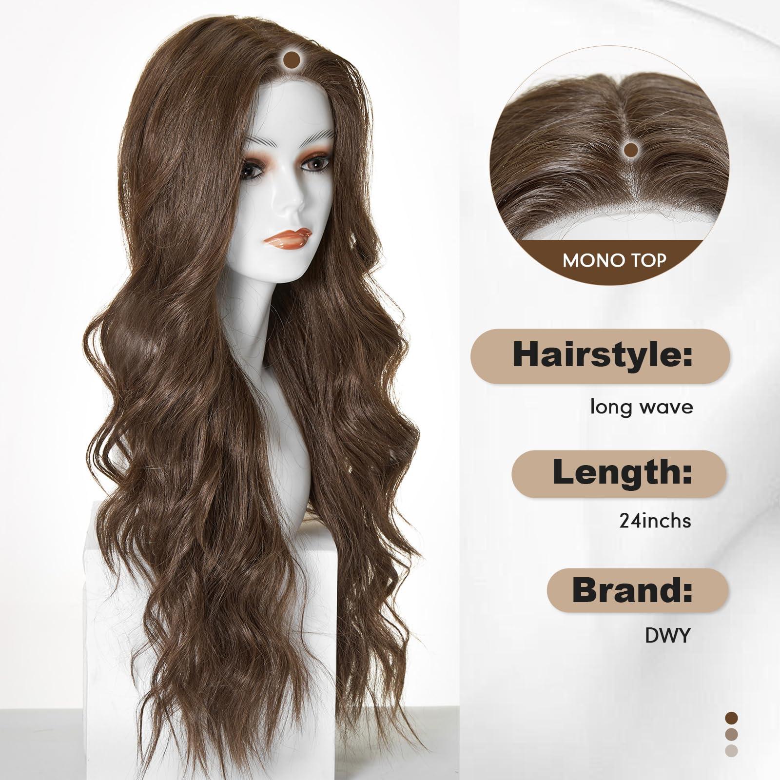 DWY DWY Long Wavy Brown Synthetic Lace Front Wigs Mono Top Futura Hair Wig for Women Brunette Wig Free Part Monofilament Glueless Wigs for Daily Use