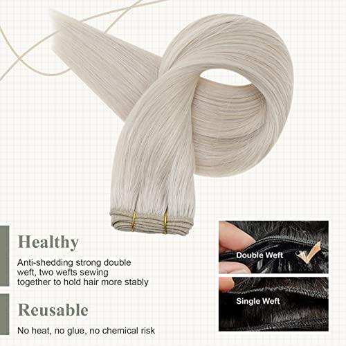 Fshine Fshine Blonde Weft Hair Extensions Human Hair 20 Inch 100 Gram White Blonde Sew in Hair Extension Double Weft Straight Real Human Hair Bundle for Women