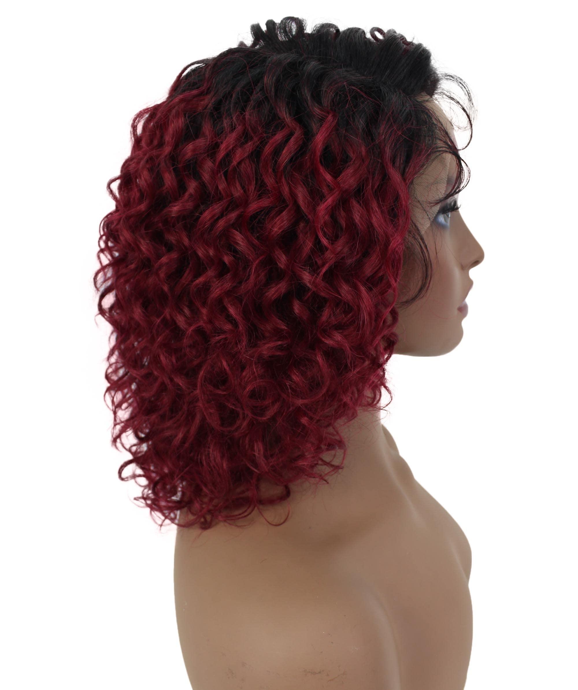 LUXLUXE LUXLUXE Lanelle Curly Jaw-Length Cut 11 in Long Side Part Wig, Heat Stylable Human Hair, BLH-0007 (Black to Red Blend)