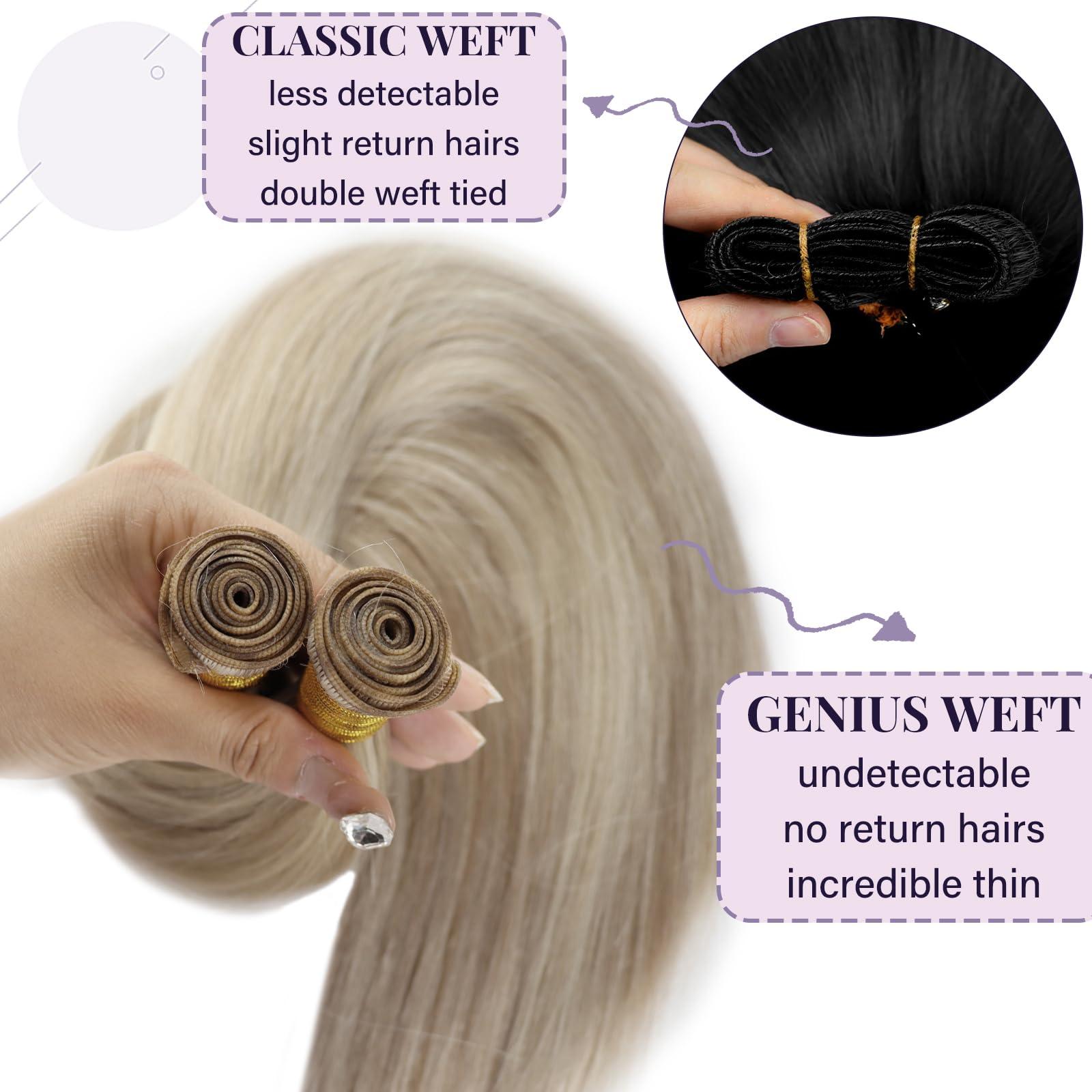 Fshine Fshine Hand Tied Genius Weft 14 Inch 50g Ash Blonde Highlighted Bleach Blonde Sew in Hair Extensions Remy Human Hair Weave Real Human Hair for Women Highlight Hair Genius Weft Natural Hair