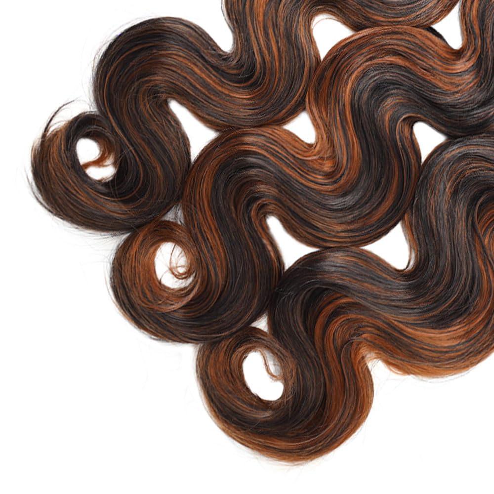 Seeuiegam P1B/30 Highlight Body Wave Bundles Brown Human Hair Bundle Real Brazilian Virgin Brown Body Wave 3 Bundles Two Tone Black and Brown Bundle Double Weft Hair Extensions 14 16 18 Inch