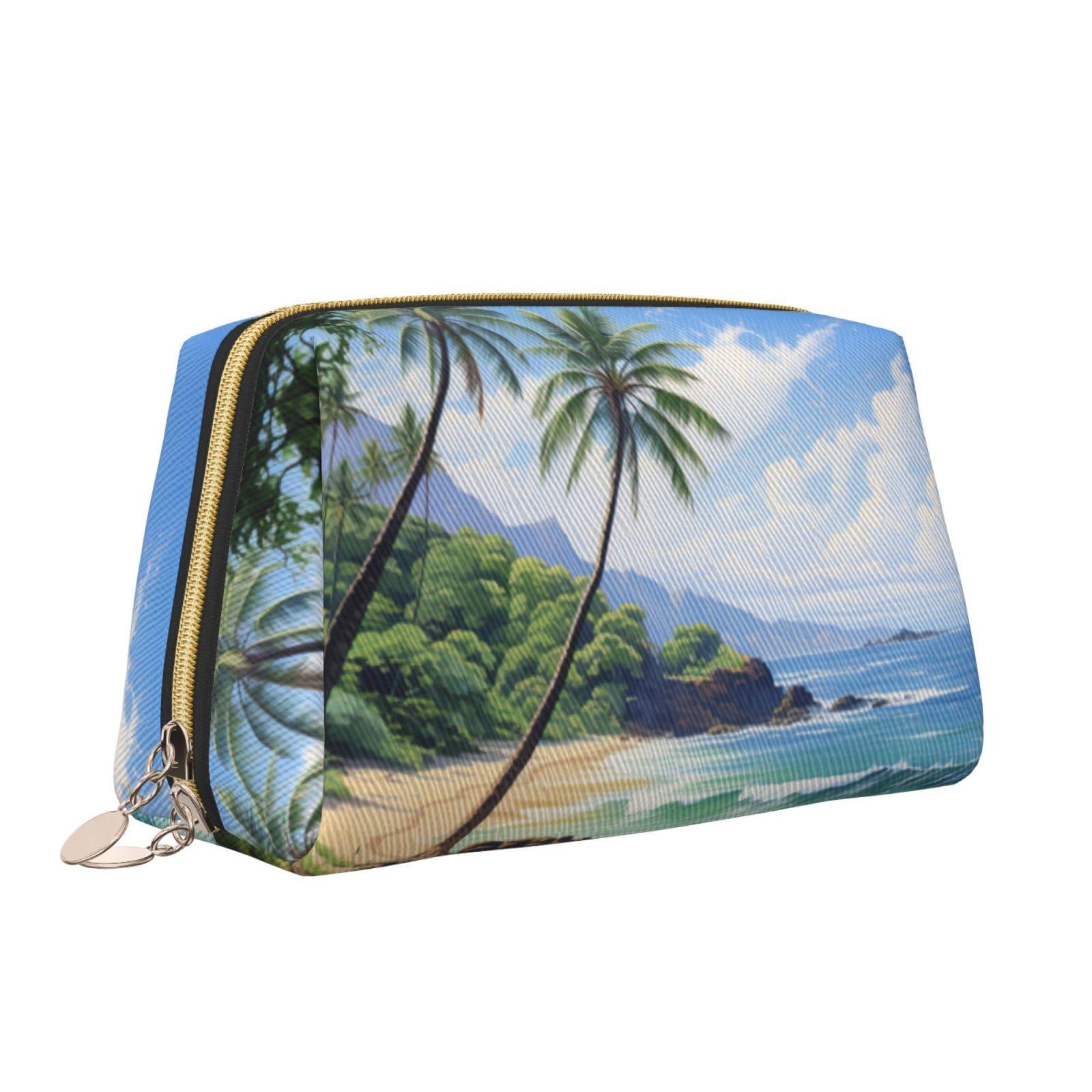 BREAUX BREAUX Hawaiian Beach With Palm Trees Print Organizer, Leather Clutch Zipper Cosmetic Bag, Portable Cosmetic Bag (Large)