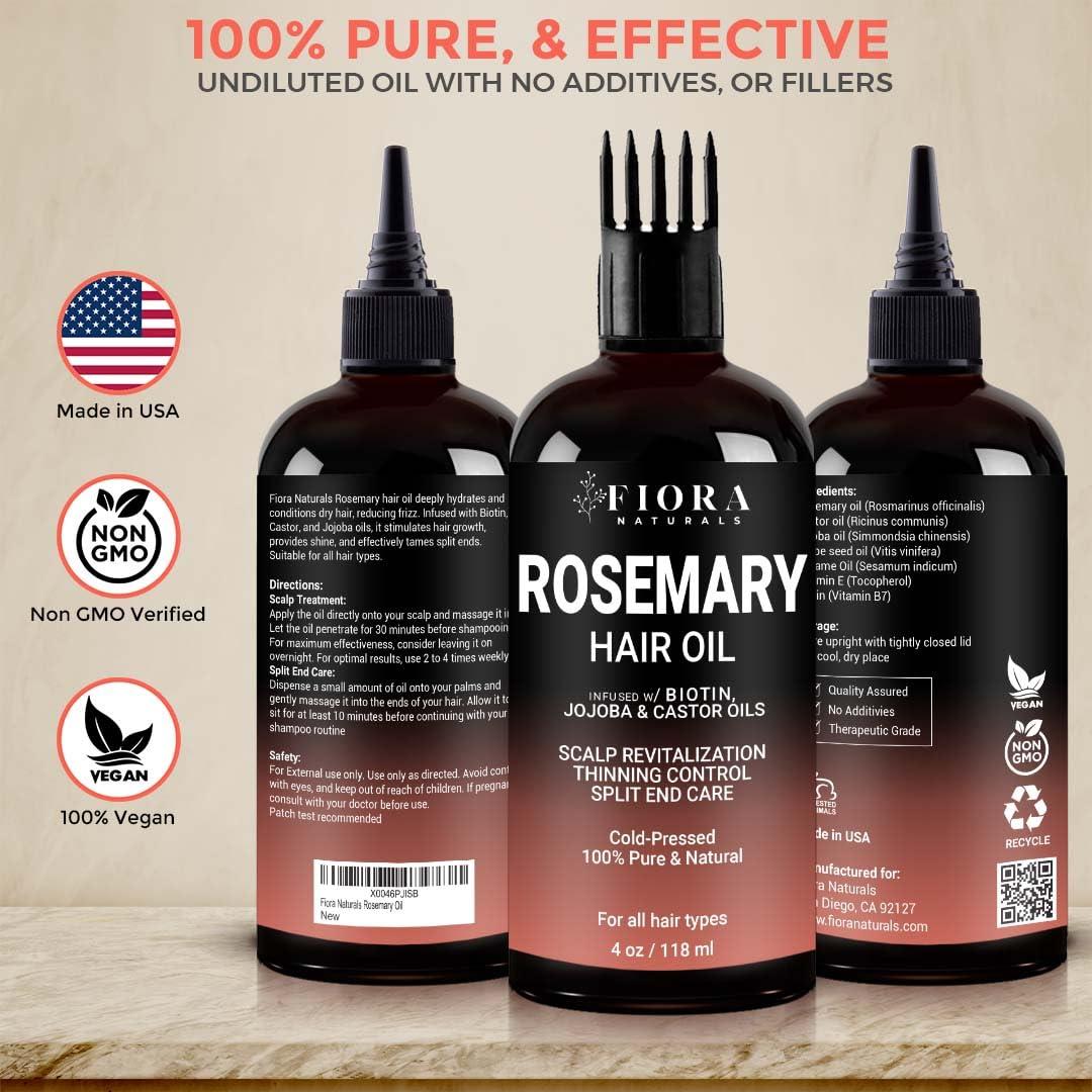 Fiora Naturals Rosemary Oil for Hair Growth with Castor Oil, Jojoba Oil, and Biotin - Natural Hair Strengthening Oil, Peppermint Essential Oil by Fiora Naturals - 100% Pure Peppermint Oil for Hair Growth, & Skin