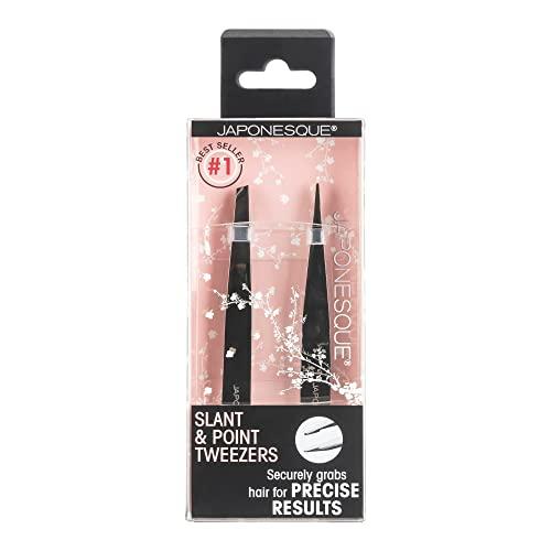 JAPONESQUE JAPONESQUE Slant and Point Tweezers Set, for Defining and Shaping Brows, Made with Hand-Sharpened Stainless, Ideal for Travel