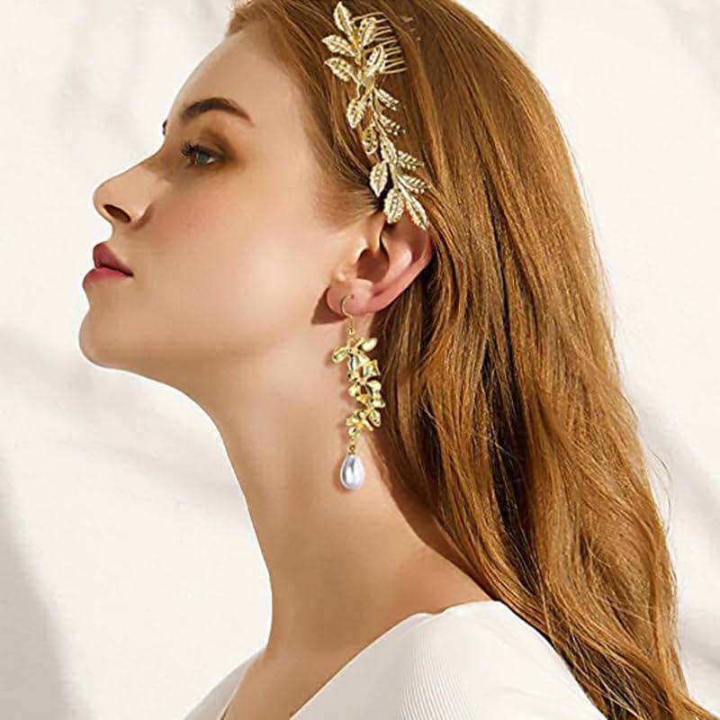 Generic European and American bridal leaf headband personality Baroque style gold leaf open armband pearl earrings