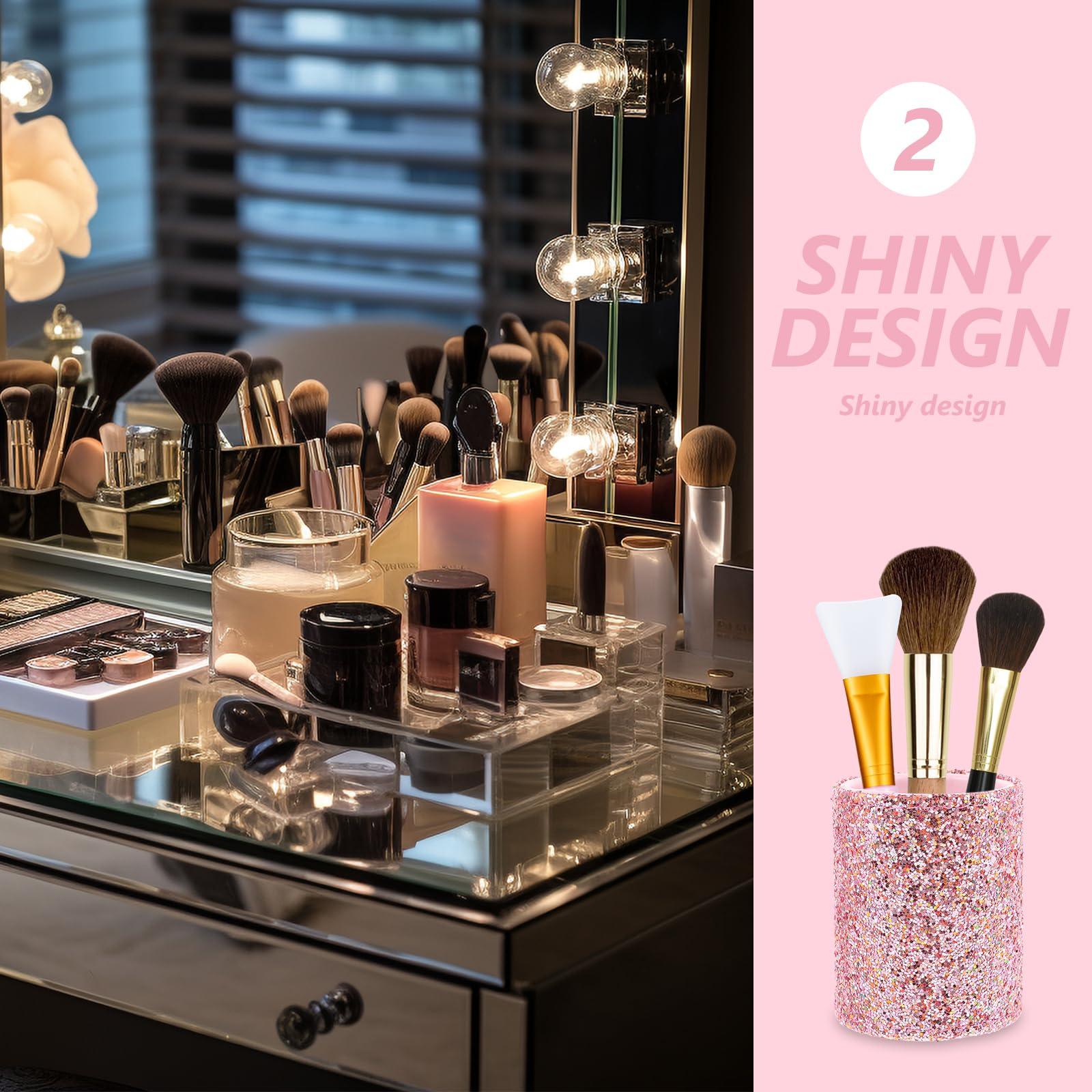 LOGOFUN LOGOFUN Sequin Makeup Brush Storage Bucket Glitter Makeup Brush Storage Holder Portable Makeup Brush Case for Women Girls Supplies - Pink