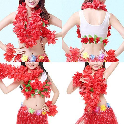 YAXAMING Hawaiian Leis Luau Tropical Headband Flower Crown Wreath Headpiece Wristbands Women Thicker Necklace Bracelets Hair Band For Summer Beach Vacation Pool Party Decorations Favors Supplies Set Red
