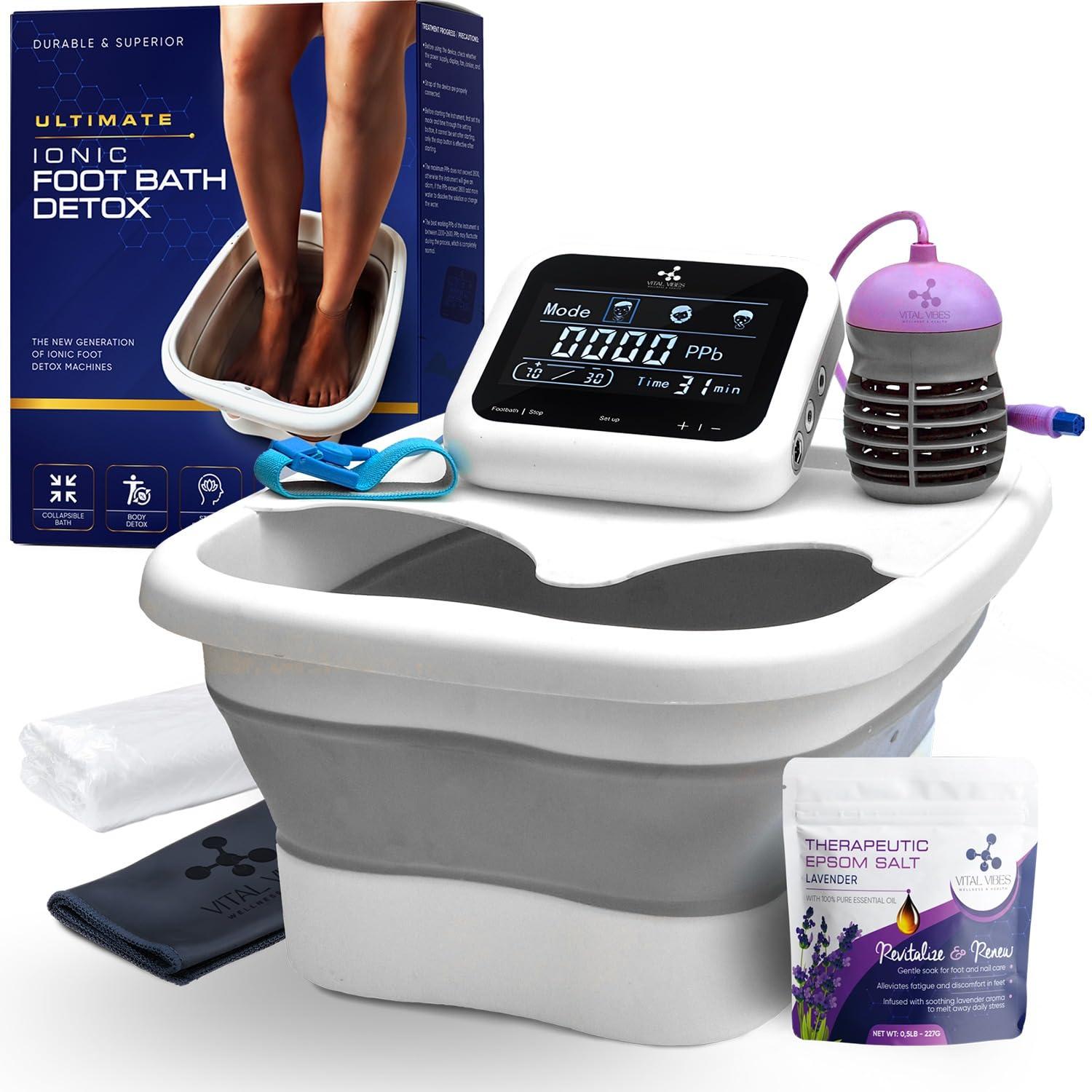 Vital Vibes Vital Vibes Ultimate Ionic Foot Bath Detox Machine - Foot Detox Machine for Spa Bath with Touch Display - Epsom Salt & Towel - Collapsible Soaking tub -Powerful Array- Ion Wristband-Tub Liners
