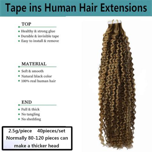 Kiss darling LASHES Jerry Curly Tape In Human Hair Extensions 10inch 100g/40pcs, Chocolate Brown Highlighted to Caramel Blonde Color Curly Hair Seamless, Reusable Tape Hair Extension