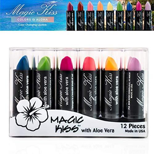 Magic Kiss Magic Kiss Pack of 12 Color Changing Aloe Vera Lipstick Set Made in USA (Colors of Aloha 01)