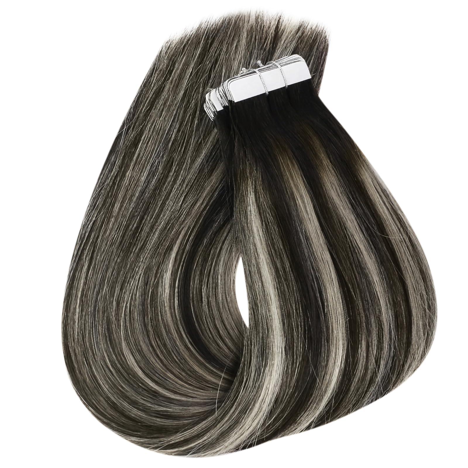 Sunny Hair Sunny Hair Extensions Real Human Hair Tape in Black Ombre Tape in Hair Extensions Human Hair Black Roots to Silver Grey Balayage Tape in Extensions Straight Hair Extension Black Ombre 20pcs 50g 20inch