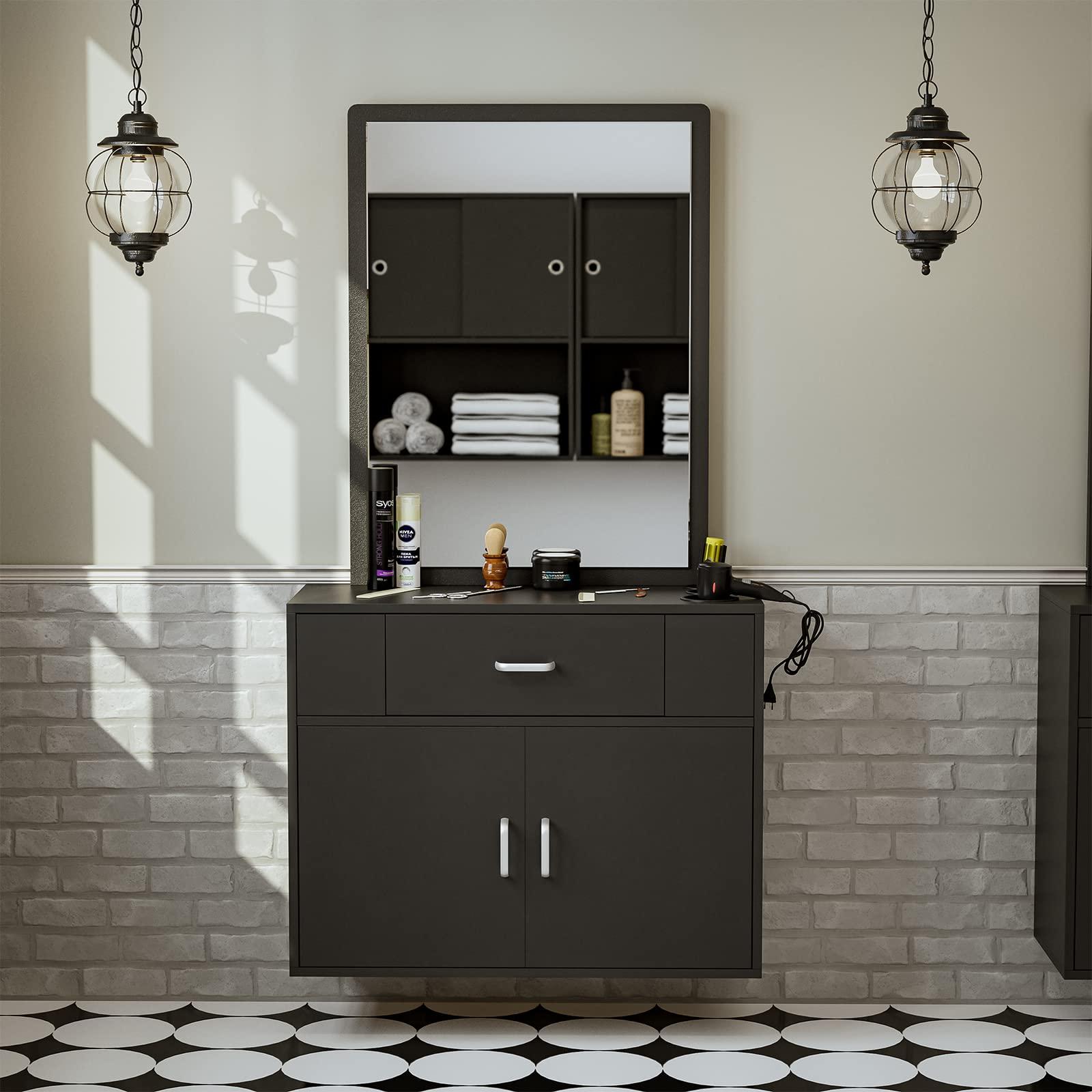 Belandi Belandi Wall Mount Salon Station Barber Stations Styling Station with Mirror Drawer Storage Cabinet Spa Salon Equipment(Black)