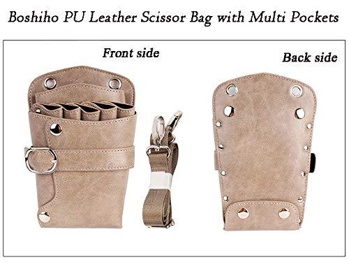 boshiho Scissors Pouch PU Leather Salon Barber Hairdressing Scissors Holster Hair Stylist Tools Bag Comb Shear Holster Waist Shoulder Belt (Khaki)