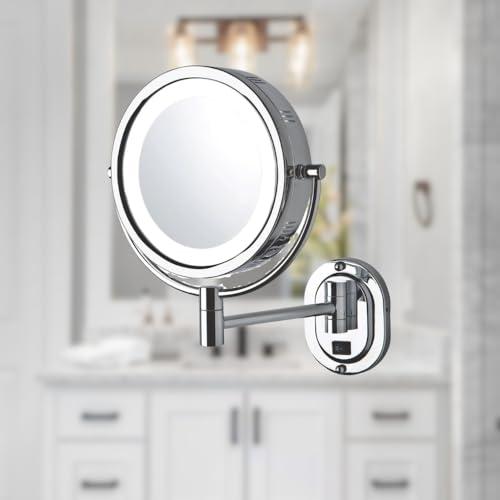 Jerdon Jerdon Two-Sided Lighted Wall-Mounted Makeup Mirror - Makeup Mirror with 5X Magnification & Wall-Mount Arm - 8-Inch Diameter Mirror with Chrome Finish Wall Mount - Model HL165CLD
