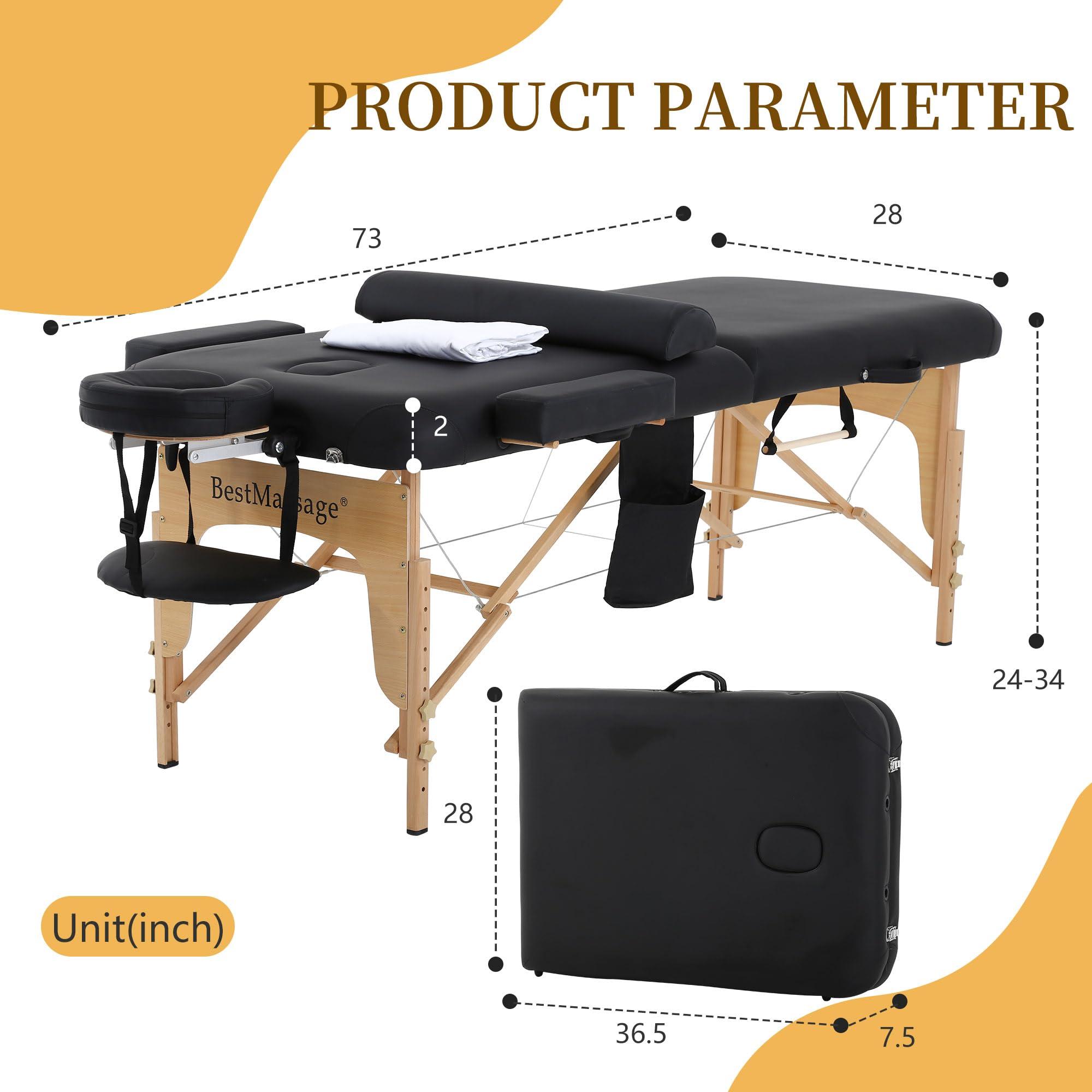 Dopinmin Dopinmin Massage Table Massage Bed SPA Bed 2 Fold Heigh Adjustable 73" Portable Salon Bed for Home Massage Club Bolsters Sheets Carry Case,Black