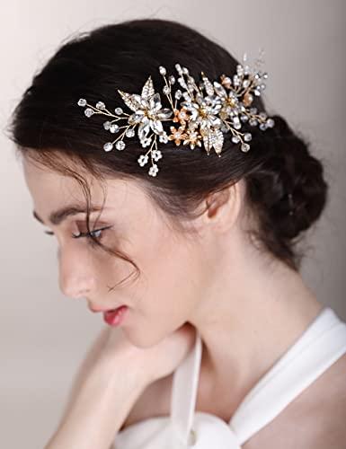 Chargances Chargances Wedding Crystal Flower Hair Comb for Women Bridal Pearl Beaded Hair Side Comb Fashion Leaf Flower Hair Vine Comb Rhinesotne Headpieces Bride Wedding Prom Flower Girl Hair Accessories