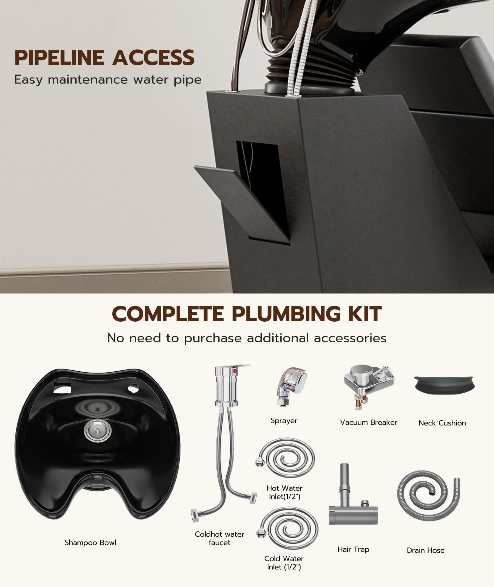 Icoget Icoget Shampoo Bowl and Chair Set for Salon, Deep Porcelain Tilting Salon Sinks for Hair Stylist, Backwash Shampoo Stations for Barber,Home, Black