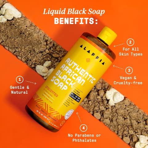 Alaffia Alaffia Skin Care, Authentic African Black Soap, All in One Liquid Soap, Acne Face Wash, Moisturizing Body Wash, Shampoo, Shaving Soap, Shea Butter, Unscented (2 Pack - 32 Fl Oz Ea)