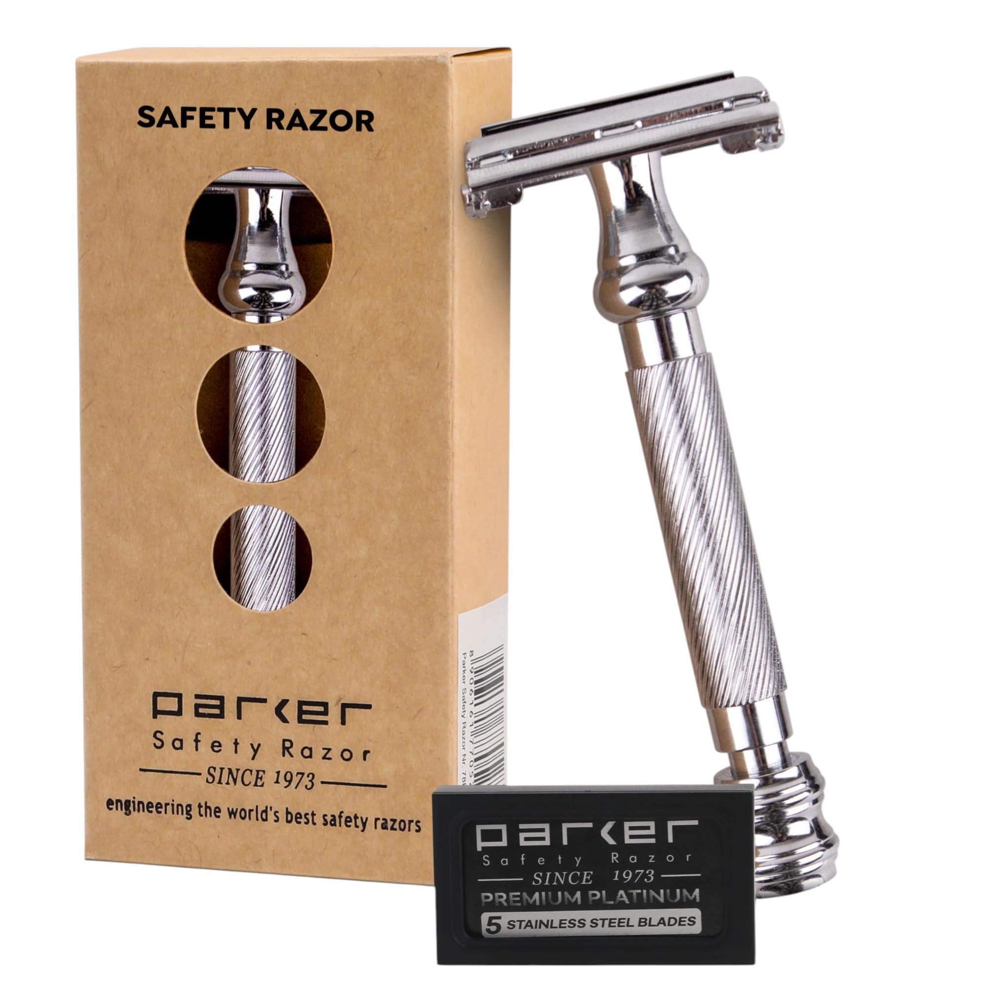 Parker Safety Razor Parker 99R Chrome Long Handle Heavyweight Butterfly Open Double Edge Safety Razor for Men, 5 Parker Premium Platinum Double Edge Razor Blades Included