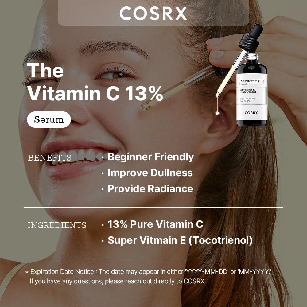 COSRX COSRX Pure Vitamin C 13% Serum with Vitamin E & Hyaluronic Acid, Hydrating Facial Serum for Fine Lines, Uneven Skin Tone & Dull Skin, 0.67fl.oz/20ml, Korean Skin Care