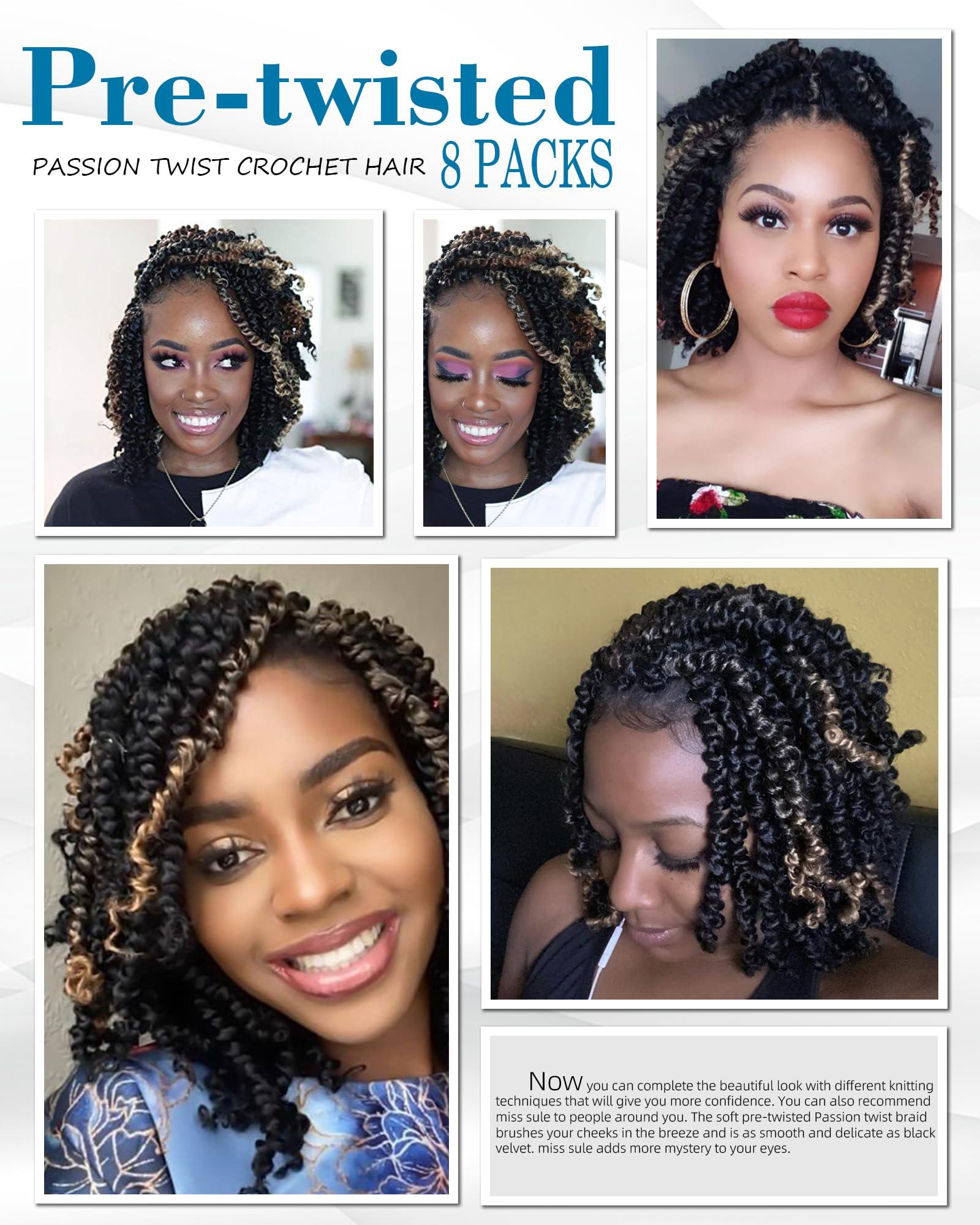 Miss Sula 8 Inches 8 Packs Passion Twist Crochet Hair-Mixed Color Combination Package(6 packs 1B+2 pack T27),Pre-twisted Pre Looped Synthetic Spring Kinky Twist Hair Extensions(8\"-8 Packs,1B+T27)