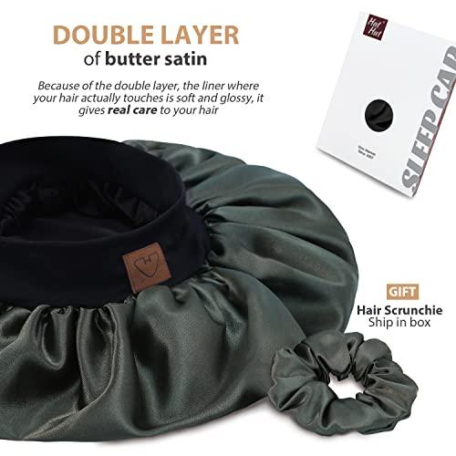 Hat Hut HAT HUT Satin Silk Bonnet for Curly Hair Sleep Cap for Women Sleeping Adjustable Hair Bonnet with Pattern Double Layer (OLIVE GREEN)