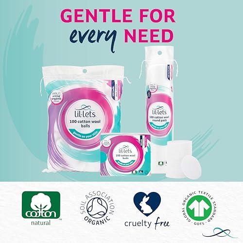 Lil-Lets Lil-Lets Cotton Wool Round Pads, Certified Organic, 100% Pure Cotton Wool, Soft and Absorbent, Gentle on Skin, Dermatologically Tested, Pack of 100 Pads