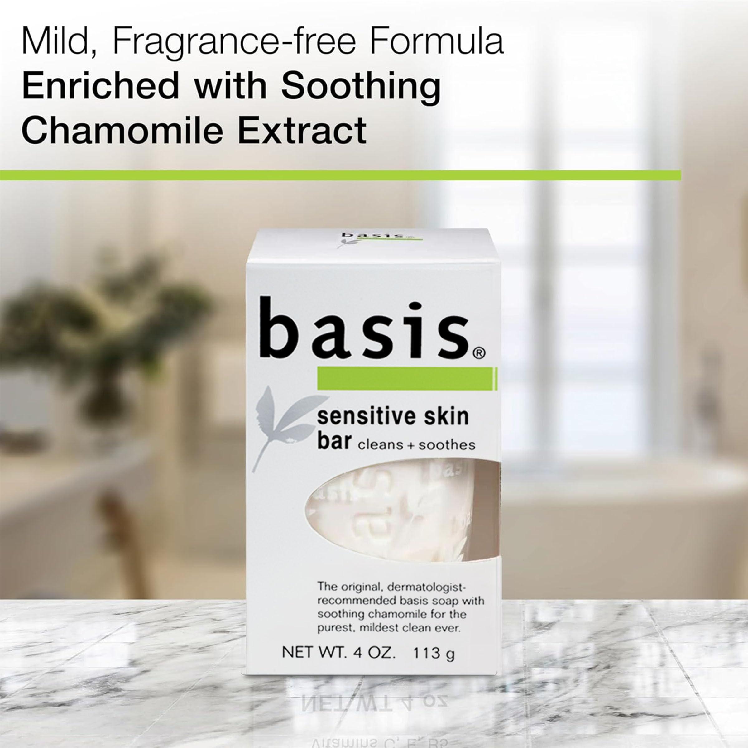 Basis Basis Sensitive Skin Bar Soap for Body, Hands and Face, Unscented Soap Bar for Sensitive Skin with Chamomile and Aloe Vera, 4 Oz, Pack of 6