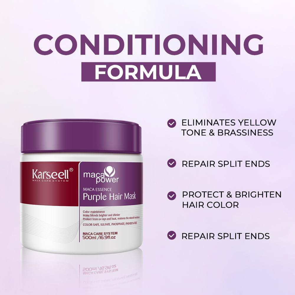 Karseell Karseell maca power Purple Hair Mask Professional Neutralizes Brass & Yellow Tones For Blonde Silver Gray Highlighted Hair 16.90 oz 500ml