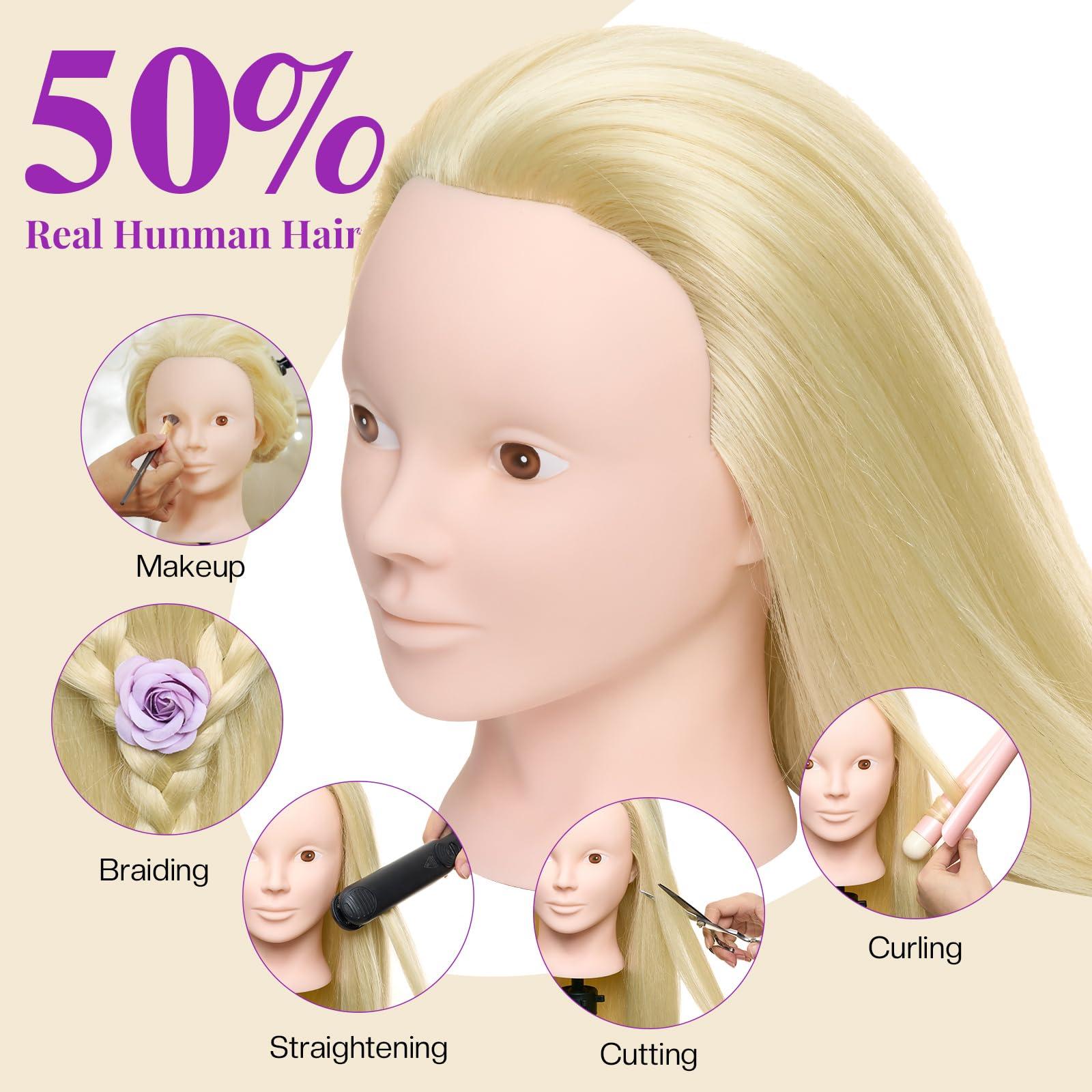 Neverland Beauty & Health Neverland Beauty Mannequin Head with 50% Real Human Hair, 24 Inch Makeup Cosmetology Manikin Practice Head with Hair, Braiding Hairdressing Doll Head for Hair Styling with False Eyelashes